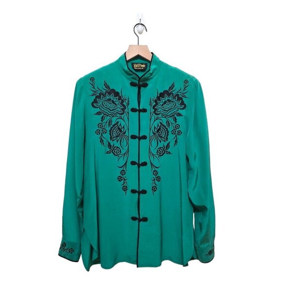 Bob Mackie Vintage Green Silk Embroidered Soutache Trimmed Blouse Sz M - Picture 1 of 7